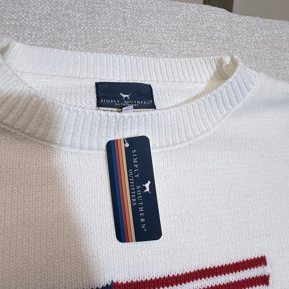 Simply Southern American Flag Knit Sweater White Patriotic Crewneck NEW - Picture 3 of 9